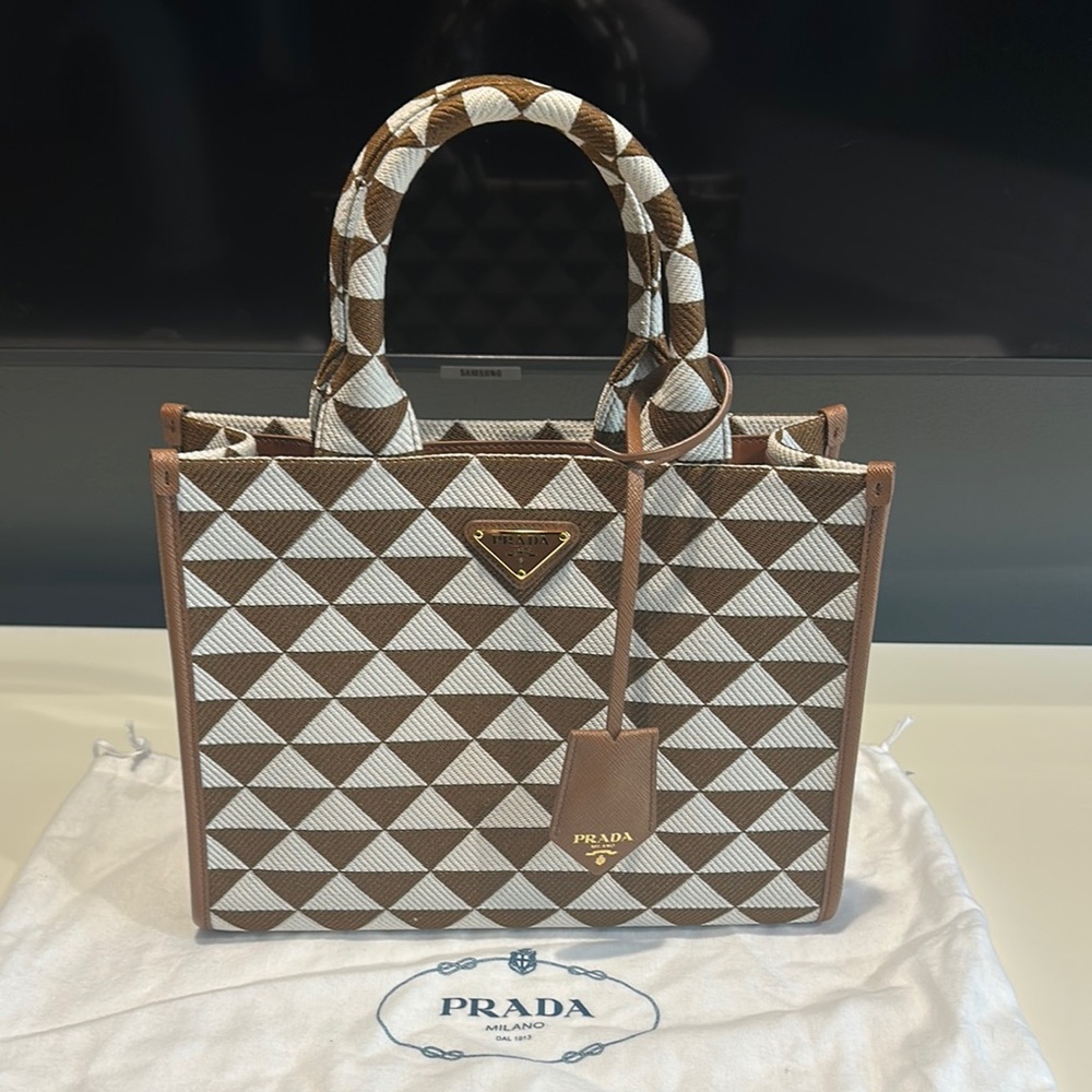 Prada Brown and White Structured Tote Bag